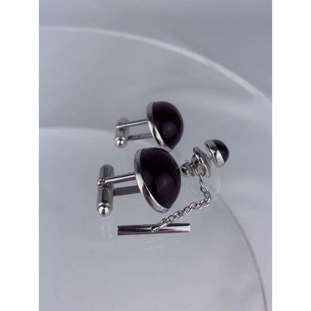 Red Cabochon Silver Tone Cufflinks Tie Pin Acrylic Oval Anson Vintage - Picture 2 of 6